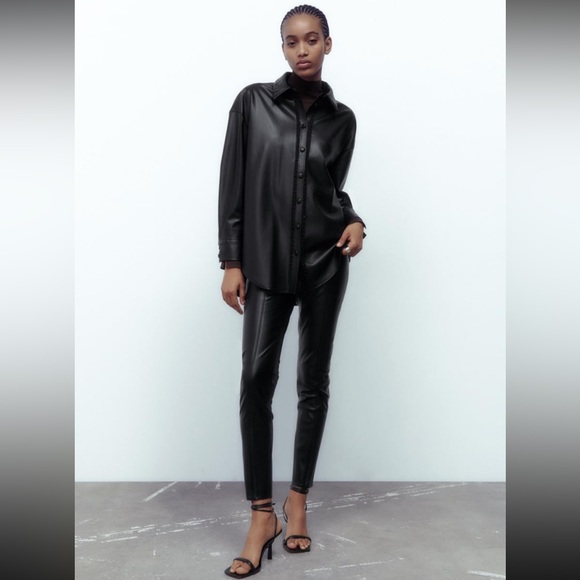 Women Zara Faux Leather Overshirt With Lace Inserts Size XS - Picture 2 of 16